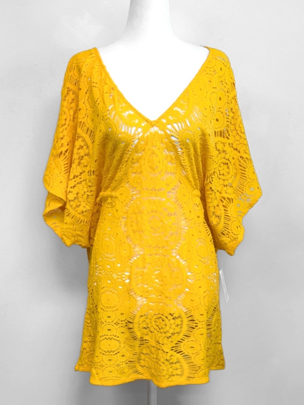 NWT Sunshine 79 Yellow Drapey Crochet Summer Cover-Up Caftan | Size S/M